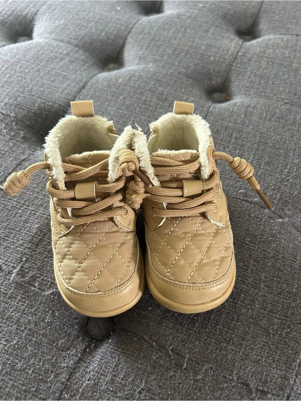 Kids Quilted Tan Winter Shoes with Faux Fur Lining